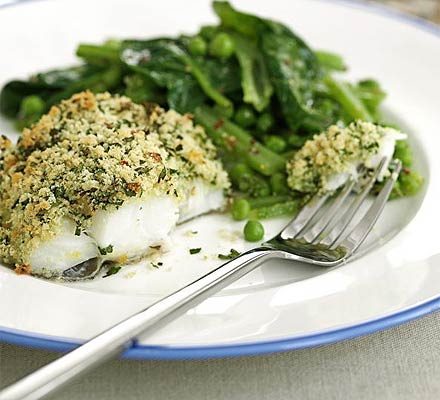 https://www.pontalo.net - Cod with lemon & parsley crust & summer greens