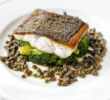 https://www.pontalo.net - Pan-fried sea bass with citrus-dressed broccoli