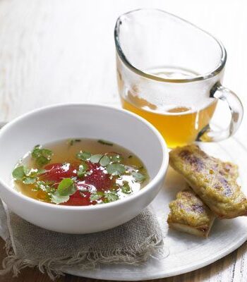 https://www.pontalo.net - Tomato consommé with Lancashire cheese on toast