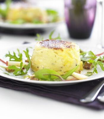 https://www.pontalo.net - Twice-baked goat’s cheese soufflés with apple & walnut salad