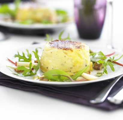 https://www.pontalo.net - Twice-baked goat’s cheese soufflés with apple & walnut salad