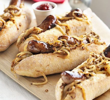 https://www.pontalo.net - Maple-glazed hot dogs with mustardy onions