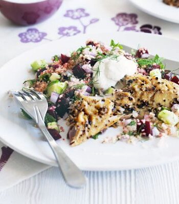 https://www.pontalo.net - Smoked mackerel with herb & beet couscous