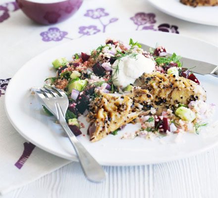 https://www.pontalo.net - Smoked mackerel with herb & beet couscous