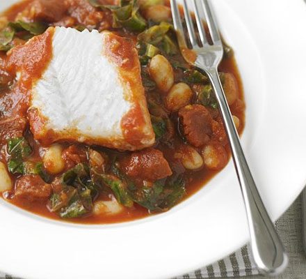 https://www.pontalo.net - White fish with spicy beans and chorizo