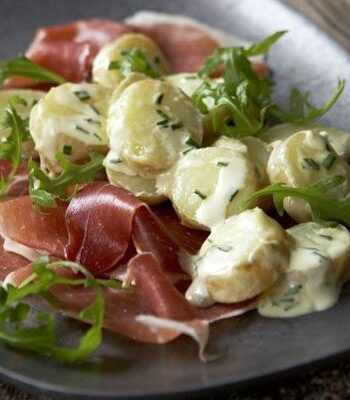 https://www.pontalo.net - Warm new potatoes with cured ham & chives