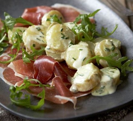 https://www.pontalo.net - Warm new potatoes with cured ham & chives