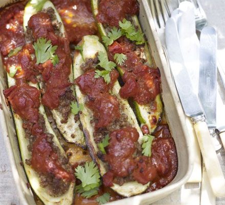 https://www.pontalo.net - Baked courgettes stuffed with spiced lamb & tomato sauce