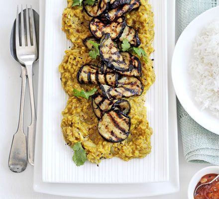 https://www.pontalo.net - Sweet & sour lentil dhal with grilled aubergine