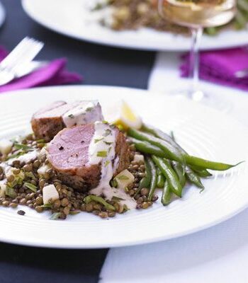 https://www.pontalo.net - Mustard pork fillet with apple lentils & herb aioli