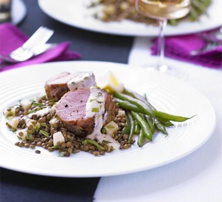 https://www.pontalo.net - Mustard pork fillet with apple lentils & herb aioli