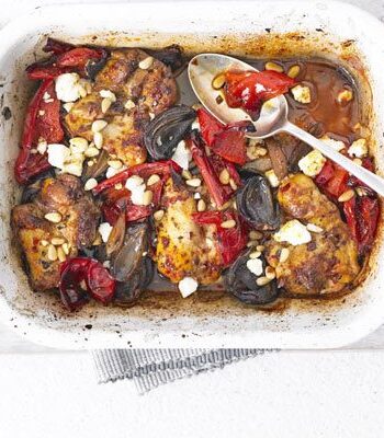 https://www.pontalo.net - Harissa chicken traybake with peppers & feta