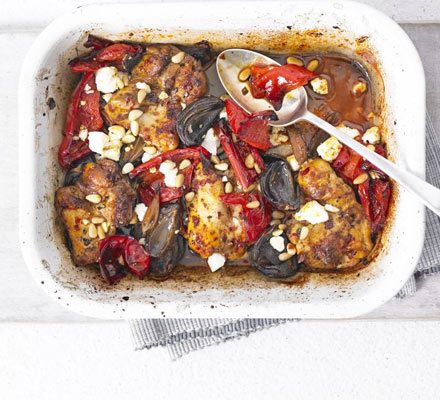 https://www.pontalo.net - Harissa chicken traybake with peppers & feta