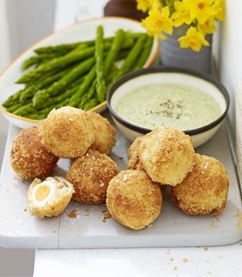 https://www.pontalo.net - Mini smoked haddock scotch eggs with asparagus dippers & watercress mayonnaise