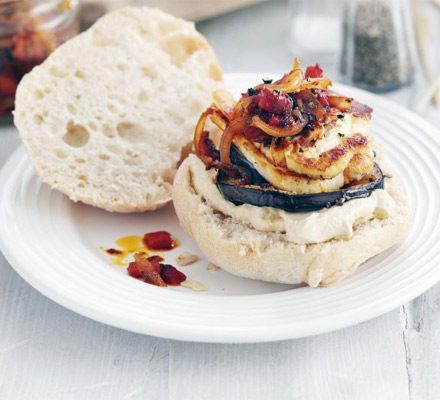 https://www.pontalo.net - Halloumi aubergine burgers with harissa relish