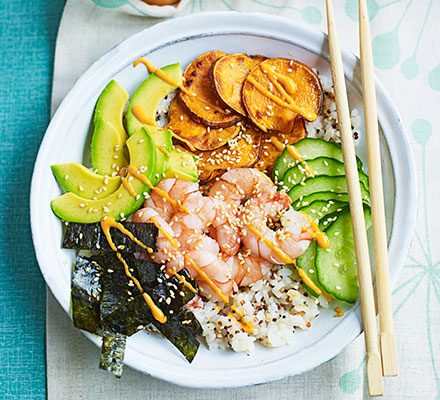 https://www.pontalo.net - Rice & quinoa prawn sushi bowl