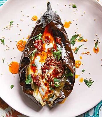 https://www.pontalo.net - Roast aubergines with yogurt & harissa