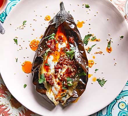 https://www.pontalo.net - Roast aubergines with yogurt & harissa