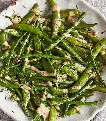 https://www.pontalo.net - Roast sugar snaps & green beans with tonnato dressing