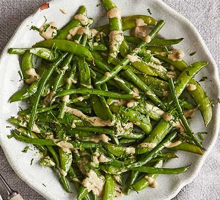 https://www.pontalo.net - Roast sugar snaps & green beans with tonnato dressing