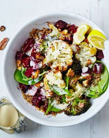 https://www.pontalo.net - Roasted cauli-broc bowl with tahini hummus