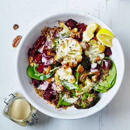 https://www.pontalo.net - Roasted cauli-broc bowl with tahini hummus