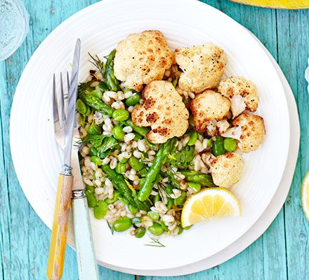 https://www.pontalo.net - Roasted cauliflower with spring veg & barley salad