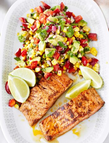 https://www.pontalo.net - Wild salmon with corn & pepper salsa salad