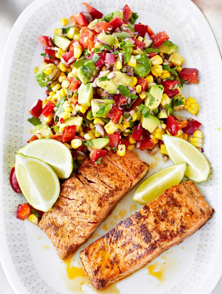 https://www.pontalo.net - Wild salmon with corn & pepper salsa salad