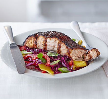 https://www.pontalo.net - Sticky jerk salmon with mango slaw