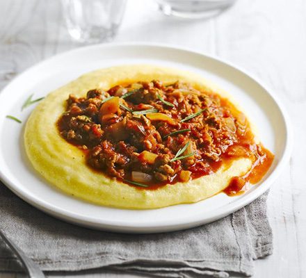 https://www.pontalo.net - Cheesy polenta with sausage ragout