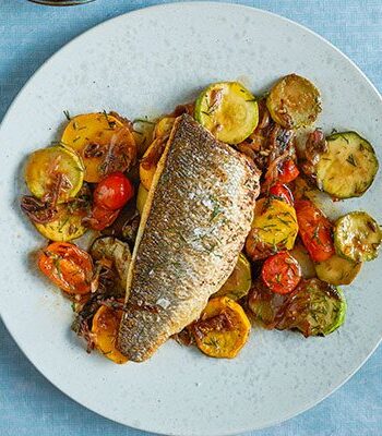 https://www.pontalo.net - Sea bass with braised courgettes & harissa mayo