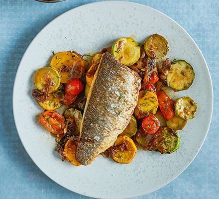 https://www.pontalo.net - Sea bass with braised courgettes & harissa mayo