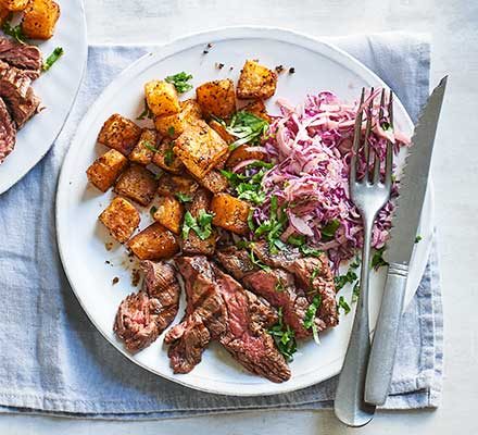 https://www.pontalo.net - Smoky steak with Cajun potatoes & spicy slaw