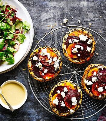 https://www.pontalo.net - Spiced beetroot & feta tarts with tahini-dressed leaves