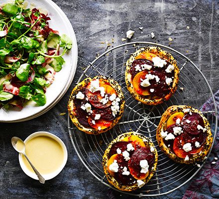 https://www.pontalo.net - Spiced beetroot & feta tarts with tahini-dressed leaves