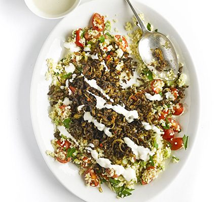 https://www.pontalo.net - Spiced lamb with bulgur & tahini dressing