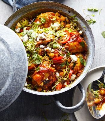 https://www.pontalo.net - Chicken tagine with spiced brussels sprouts & feta