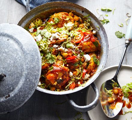 https://www.pontalo.net - Chicken tagine with spiced brussels sprouts & feta