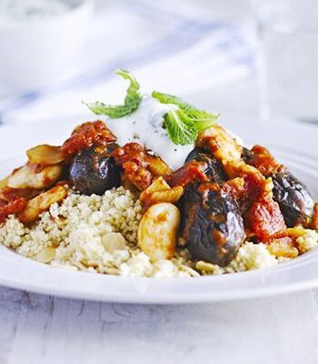 https://www.pontalo.net - Lemon & mint aubergine tagine with almond couscous