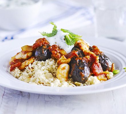 https://www.pontalo.net - Lemon & mint aubergine tagine with almond couscous