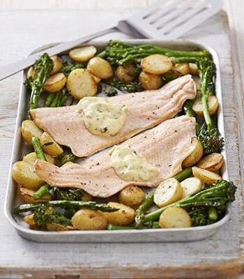 https://www.pontalo.net - Trout traybake with minty hollandaise