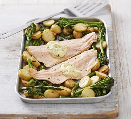 https://www.pontalo.net - Trout traybake with minty hollandaise