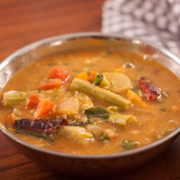 https://www.pontalo.net - Mixed Vegetable Sambar Recipe - Tangy Lentil Curry With Vegetables