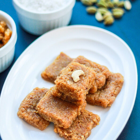 https://www.pontalo.net - Coconut Jaggery Burfi Recipe