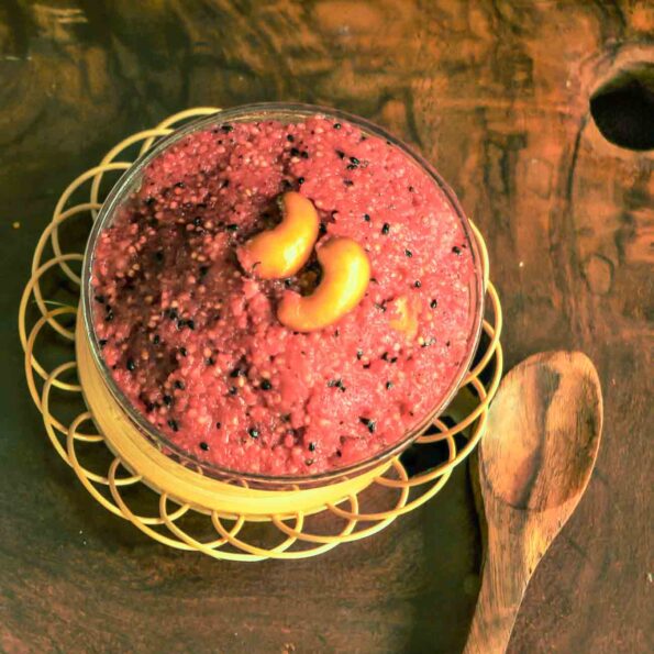 https://www.pontalo.net - Pink Dragon Fruit Kesari Recipe (Sooji Halwa with Dragon fruit)