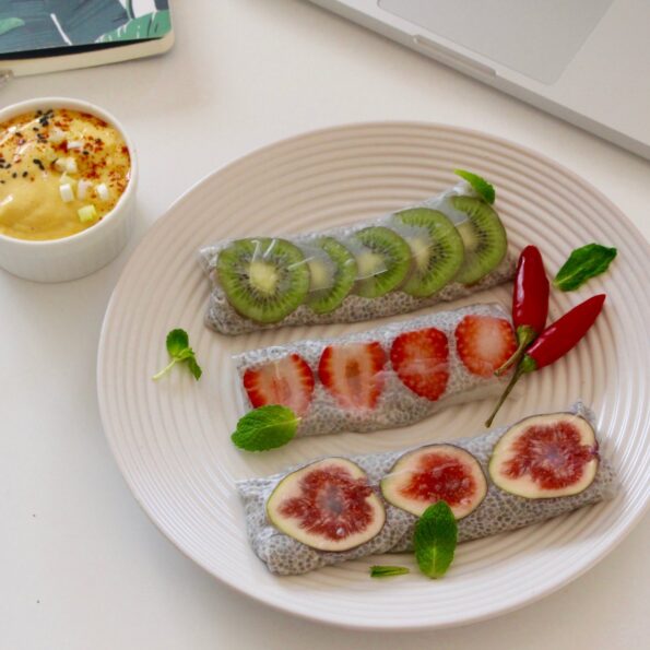 https://www.pontalo.net - Fruit-Chia Rice paper rolls in a Mango Tahini Dipping sauce Recipe