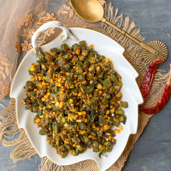 https://www.pontalo.net - Moongphali Bhindi Sabzi Recipe - Lady's Finger Peanut Stir Fry