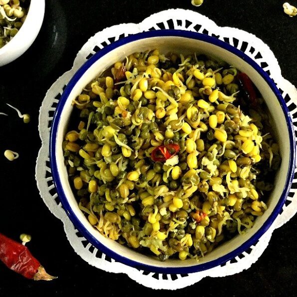 https://www.pontalo.net - Moong Bean Sprouts Upkari Recipe - Moong Beans Stir Fry