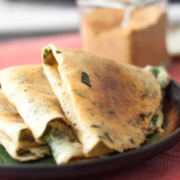 https://www.pontalo.net - Murungai Keerai Adai Recipe - Drumstick Leaves Adai | Lentil Crepes